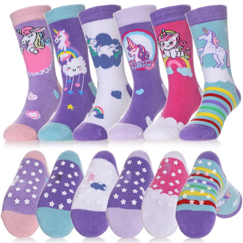 Dosoni Toddler Non Slip Grip Socks Baby Girls Boys Kids Anti Slip Crew Thick Warm Cotton Gift Socks 6 Pairs Unicorn,4-6 Year Old - Image 1