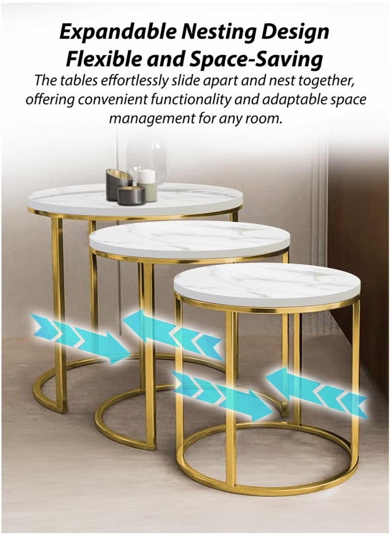 Toshionics 3 Pieces Round Nesting Coffee Table with Marble-Faux Wooden Tabletop and Sturdy Golden Metal Frame Legs - Luxurious Minimalist Style Accent, Centre, Bedside and Side Table - Home Decorative Furniture, Perfect for Small Spaces, Apartments, Home Living Room, Office, Lounges, Hotel Lobbies, Reception and Waiting Areas  - Image 3
