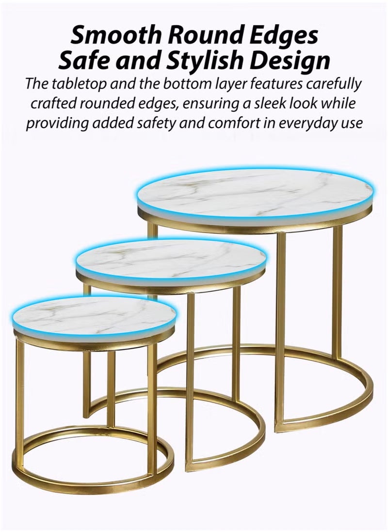 Toshionics 3 Pieces Round Nesting Coffee Table with Marble-Faux Wooden Tabletop and Sturdy Golden Metal Frame Legs - Luxurious Minimalist Style Accent, Centre, Bedside and Side Table - Home Decorative Furniture, Perfect for Small Spaces, Apartments, Home Living Room, Office, Lounges, Hotel Lobbies, Reception and Waiting Areas  - Image 5