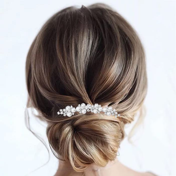 Brishow Bridal Pearl Hair Comb Silver Rhinestone Hair Clip Bride Wedding Hair Accessories Vintage Hairpiece for Women and Girls 2 Pieces Silver