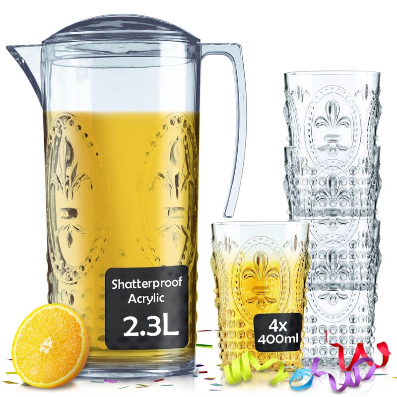 Muldale Plastic Jug with Glasses Set  Acrylic Drinking Jug and Tumblers Set for Garden  Sangria Pimms Water Pitcher  Boho Style  2300ml