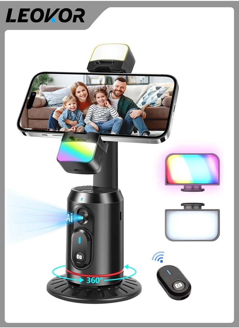 LEOKOR Auto Face Tracking Phone Holder RGB Selfie Light,360°Rotation Face Body Phone Tripod,Smart Shooting Camera Mount,Rechargeable Remote and Light for Live Vlog Streaming Video  - Image 1