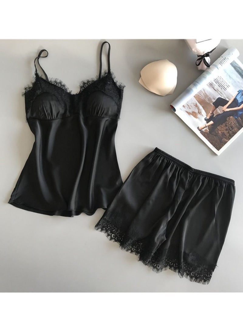 MARGOUN Women Satin Cami Top and Short Set 2-Piece Lingerie Pajama Set Nightwear Sleepwear Lounge Pjs Set Large Black /L(bust:84/waist:68)  - Image 2