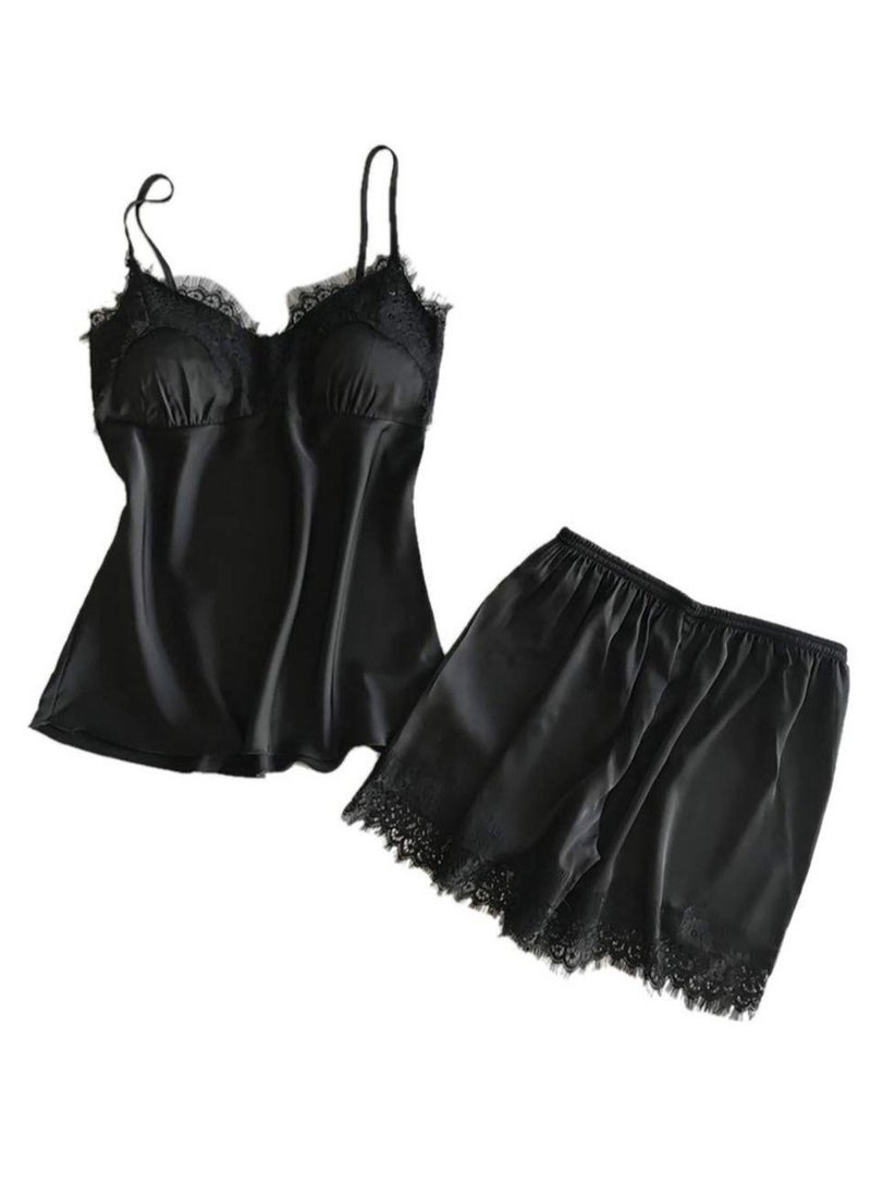 MARGOUN Women Satin Cami Top and Short Set 2-Piece Lingerie Pajama Set Nightwear Sleepwear Lounge Pjs Set Large Black /L(bust:84/waist:68)  - Image 1