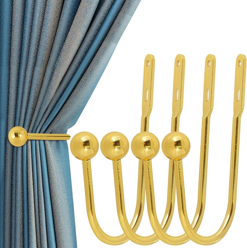 HEMOUR Curtain Holdback, 4 Pcs Wall Mounted Drapery Tiebacks with Screws, Heavy Duty Metal Decorative Window Drapery Holder Curtain Hook, Gold - Image 1