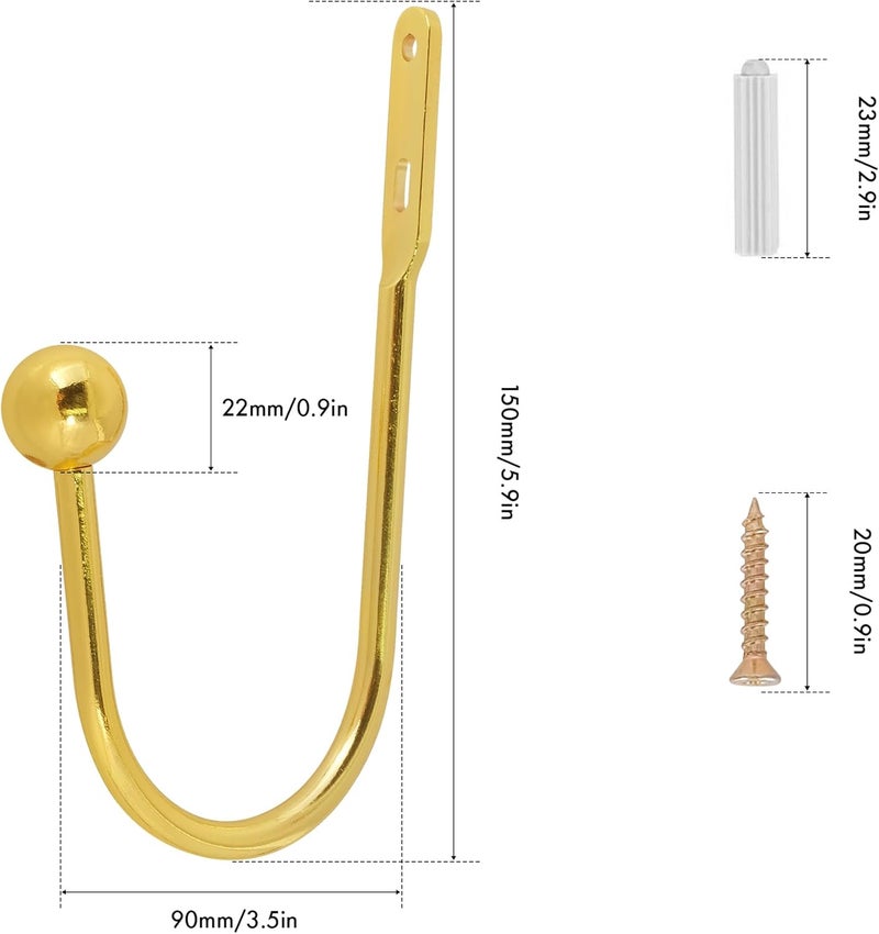 HEMOUR Curtain Holdback, 4 Pcs Wall Mounted Drapery Tiebacks with Screws, Heavy Duty Metal Decorative Window Drapery Holder Curtain Hook, Gold - Image 3