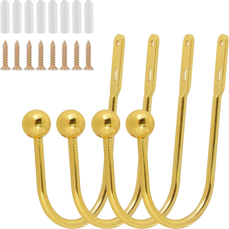 HEMOUR Curtain Holdback, 4 Pcs Wall Mounted Drapery Tiebacks with Screws, Heavy Duty Metal Decorative Window Drapery Holder Curtain Hook, Gold - Image 2