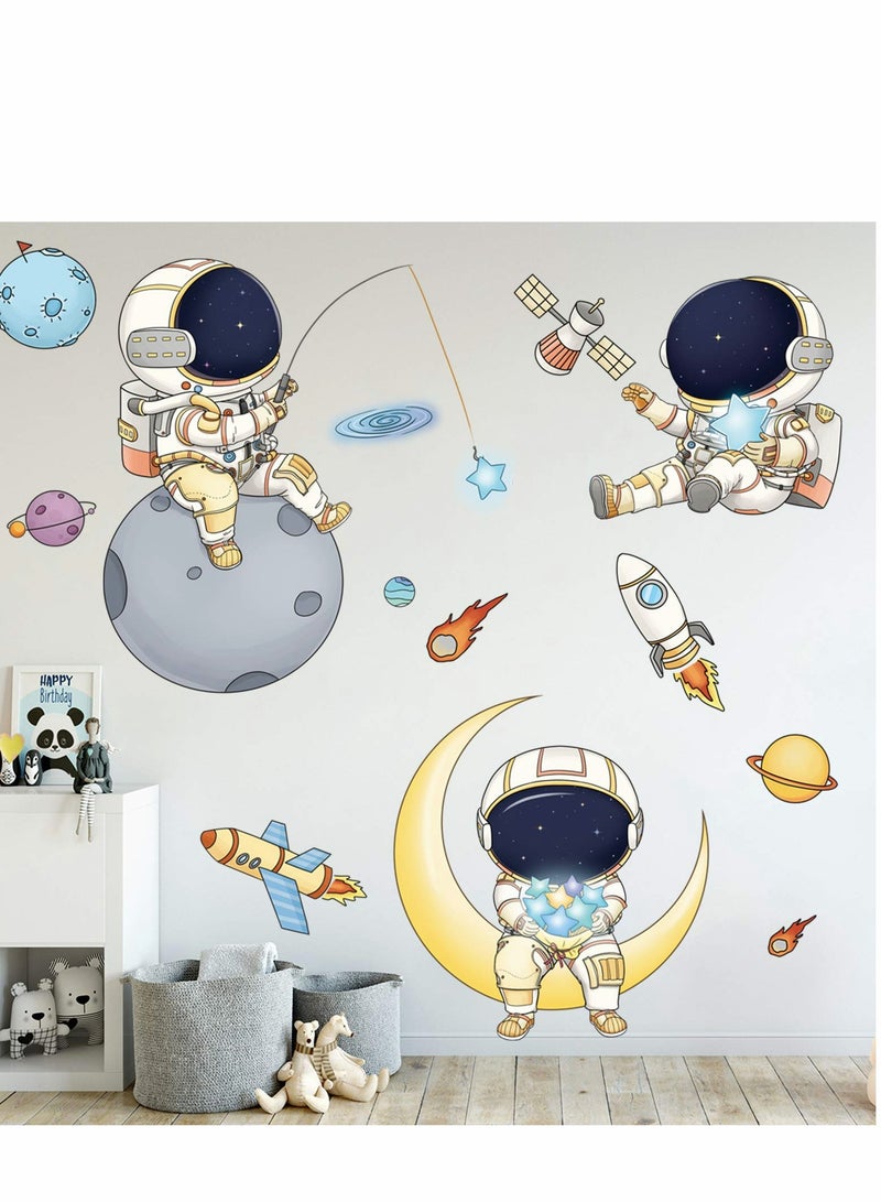 Excefore Astronaut Wall Stickers Planet Space Walk Spaceship DIY Art Vinyl Removable Murals Decals,  Cartoon Spaceman Cosmonaut Wallpaper for Kids Boys Bedroom Playing Room - Image 1