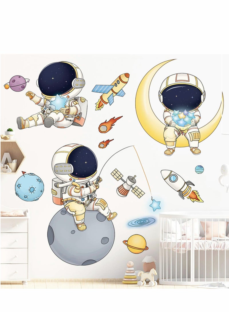 Excefore Astronaut Wall Stickers Planet Space Walk Spaceship DIY Art Vinyl Removable Murals Decals,  Cartoon Spaceman Cosmonaut Wallpaper for Kids Boys Bedroom Playing Room - Image 3