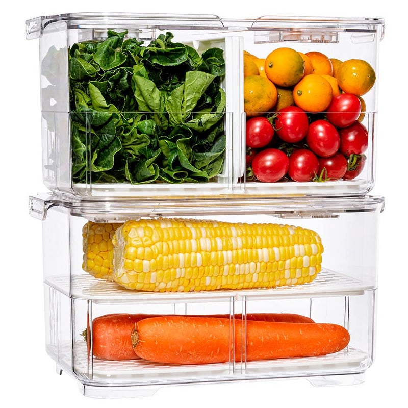 SANNO Fridge Food Storage Container Storage Containers Produce Saver with Lids and VentsVegetable Fruit Storage Containers Stackable Salad Lettuce Keeper for Refrigeratorset of 2