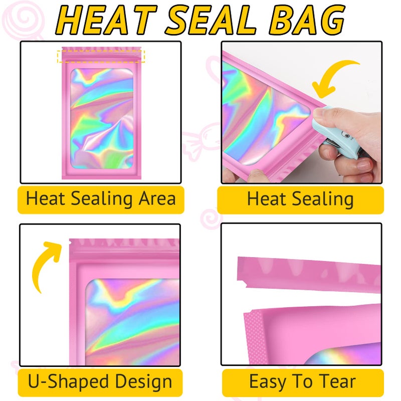 TIFICAL 100 PCS Holographic Bags, Smell Proof Bag, Resealable Gift Bags, Clear Bags for Food Storage, Party Favor Bag, Mylar Sample Bag for Jewelry, Lipgloss, Eyelash | Pink, 2.4x3.9 Inch - Image 4