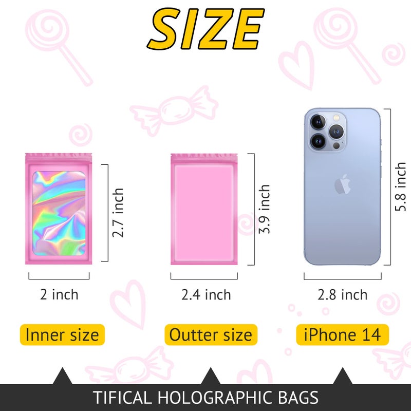 TIFICAL 100 PCS Holographic Bags, Smell Proof Bag, Resealable Gift Bags, Clear Bags for Food Storage, Party Favor Bag, Mylar Sample Bag for Jewelry, Lipgloss, Eyelash | Pink, 2.4x3.9 Inch - Image 2
