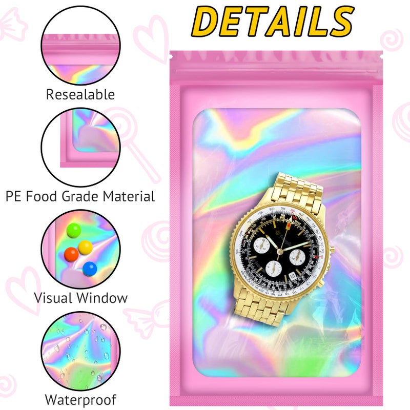TIFICAL 100 PCS Holographic Bags, Smell Proof Bag, Resealable Gift Bags, Clear Bags for Food Storage, Party Favor Bag, Mylar Sample Bag for Jewelry, Lipgloss, Eyelash | Pink, 2.4x3.9 Inch - Image 3