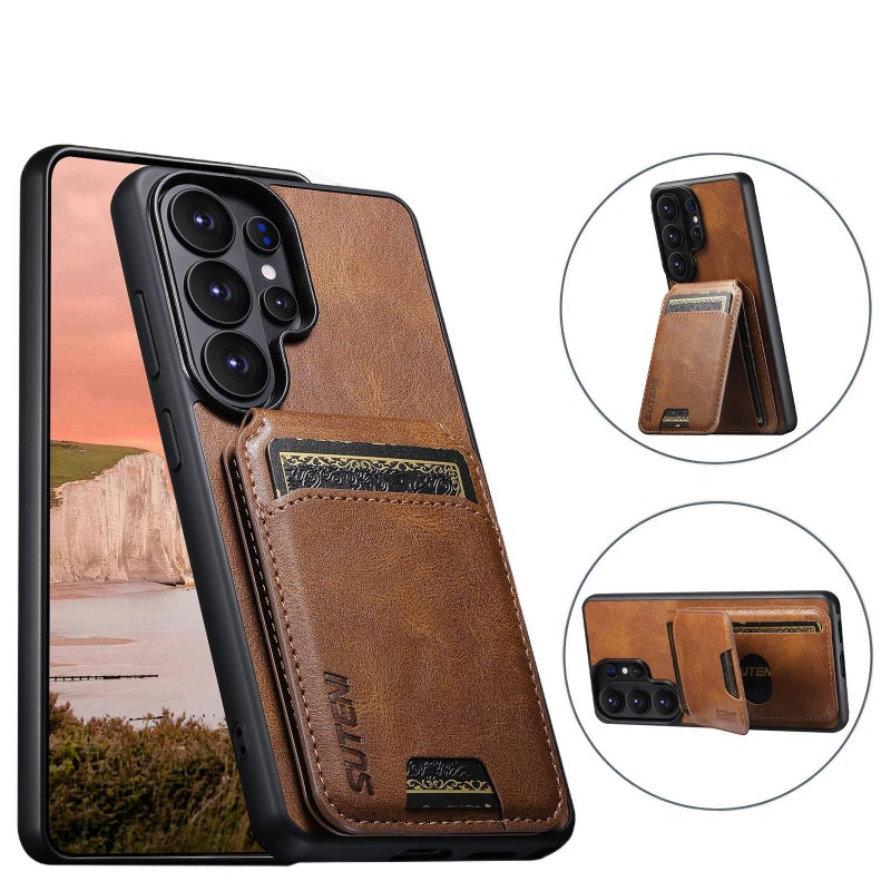 غطاء واقي، بني باللون البني TPU، حامل بطاقات، حامل قابل للطي، لـ Samsung Galaxy S22 Ultra بوظيفة حامل من مادة TPU للاستخدام الداخلي للرحلات اليومية عملي للاستخدام المتكرر - Image 3