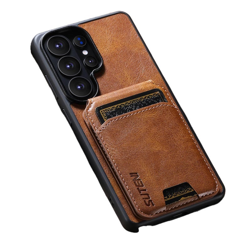 غطاء واقي، بني باللون البني TPU، حامل بطاقات، حامل قابل للطي، لـ Samsung Galaxy S22 Ultra بوظيفة حامل من مادة TPU للاستخدام الداخلي للرحلات اليومية عملي للاستخدام المتكرر - Image 1