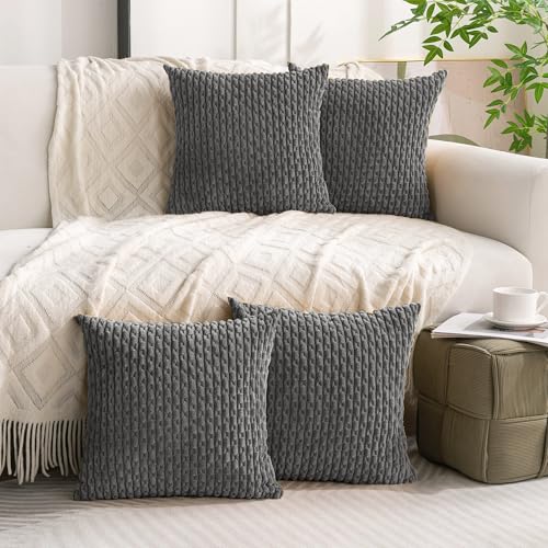 Cozoomy Set of 4 Dark Grey Decorative Throw Pillow Covers 18x18 Inch Corduroy Pillow Covers for Bed Couch Sofa Living Room Soft Square Cushion Cases - Image 3