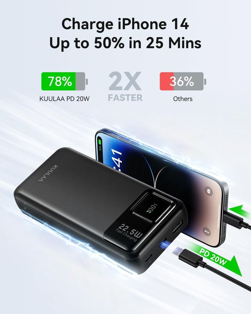 KUULAA Power Bank 20000mAh, Portable Charger 22.5W Fast Charging, Powerbank with LED Display Compatible with iPhone 16 15 14 13 12 Samsung iPad - Black - Image 2