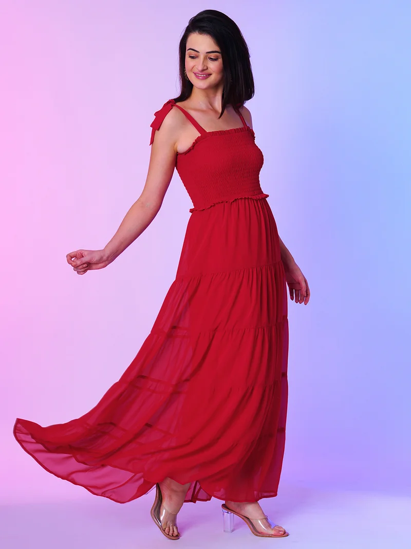 globus Women Red Shoulder Straps Smocked Tiered Georgette Tie-Up Maxi Dress