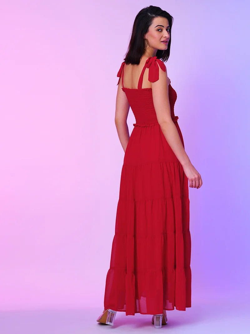 globus Women Red Shoulder Straps Smocked Tiered Georgette Tie-Up Maxi Dress