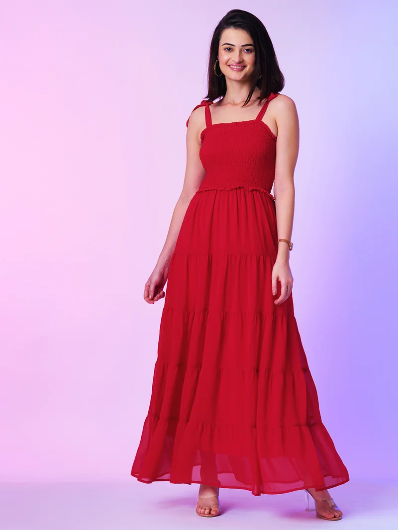globus Women Red Shoulder Straps Smocked Tiered Georgette Tie-Up Maxi Dress