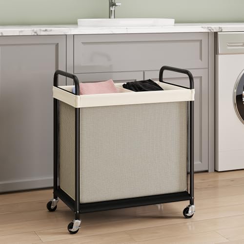 ELYKEN Laundry Hamper 2 Section, 100L Rolling Laundry Sorter with Removable Liner Bag, Laundry Basket with Wheels, Steel Frame with Metal Handle, Clothes Hamper Cart for Laundry Room & Bedroom - Image 2