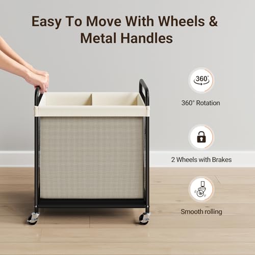 ELYKEN Laundry Hamper 2 Section, 100L Rolling Laundry Sorter with Removable Liner Bag, Laundry Basket with Wheels, Steel Frame with Metal Handle, Clothes Hamper Cart for Laundry Room & Bedroom - Image 5