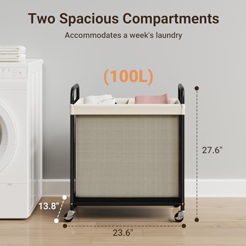ELYKEN Laundry Hamper 2 Section, 100L Rolling Laundry Sorter with Removable Liner Bag, Laundry Basket with Wheels, Steel Frame with Metal Handle, Clothes Hamper Cart for Laundry Room & Bedroom - Image 3