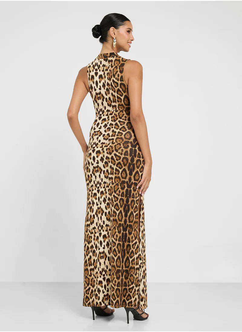 Ginger Leopard Print Mock Neck Dress With Tie Up Detail