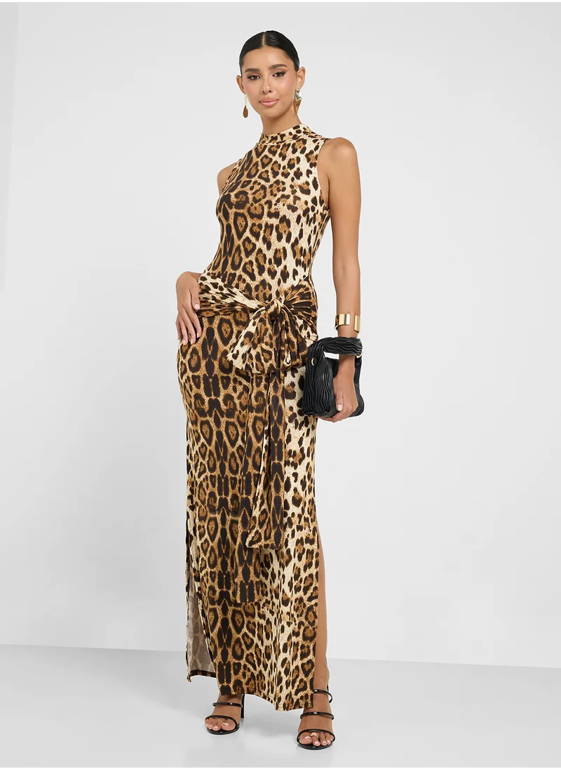 Ginger Leopard Print Mock Neck Dress With Tie Up Detail