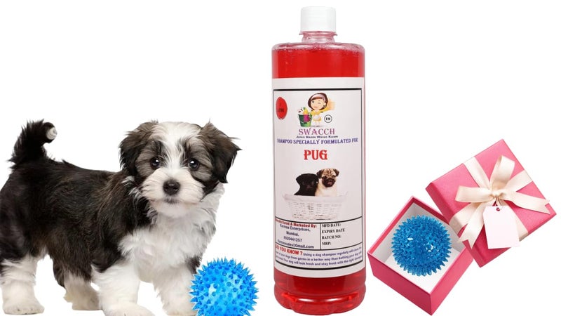 swacch Shampoo | Puppy Safe Shampoo | PH Balanced | Ditch to Itch for Pug Dog Shampoo 1 Litre (Strawberry) + Spike Ball Chew Toy Combo Pack - Image 1