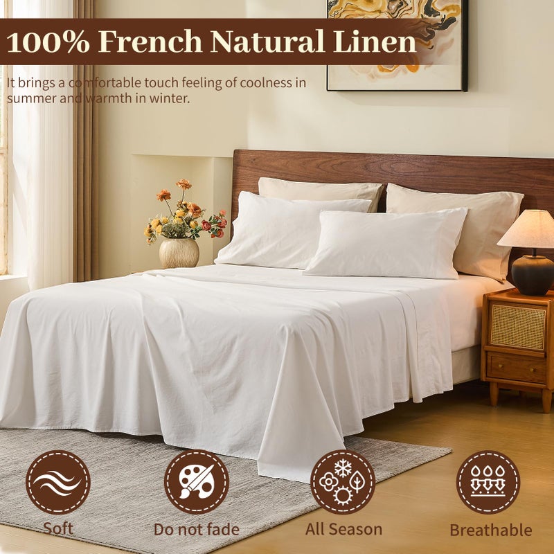 MEISHANG 100% French Pure Linen Sheets King Size - Bed Sheets 4 Piece Sets, Soft Durable Flax Linen, Anti-Tear Breathable Oeko-Tex Certified with 16" Deep Pocket (White) - Image 2
