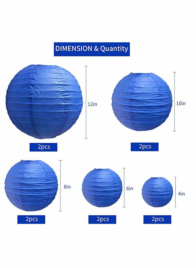 10Pcs Blue Paper Lanterns Decorative, Round Foldable Lanterns for Birthday, Wedding, Bridal Shower, Home Decor, Party (Sizes: 4”, 6”, 8”, 10”) - Image 2