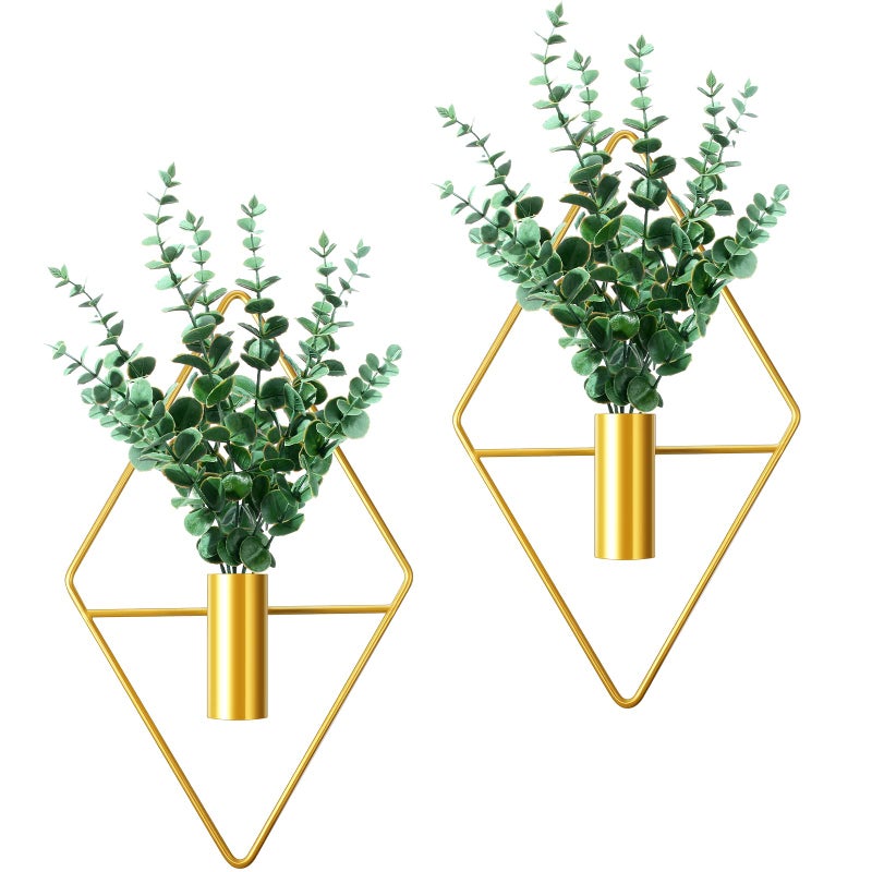 Canlierr 2 Pieces Gold Wall Decor Hanging Planters with Artificial Plants Metal Vase Indoor Plants Holder Modern Geometric Wall Art for Home Bathroom Bedroom Living Room OfficeEucalyptusMedium
