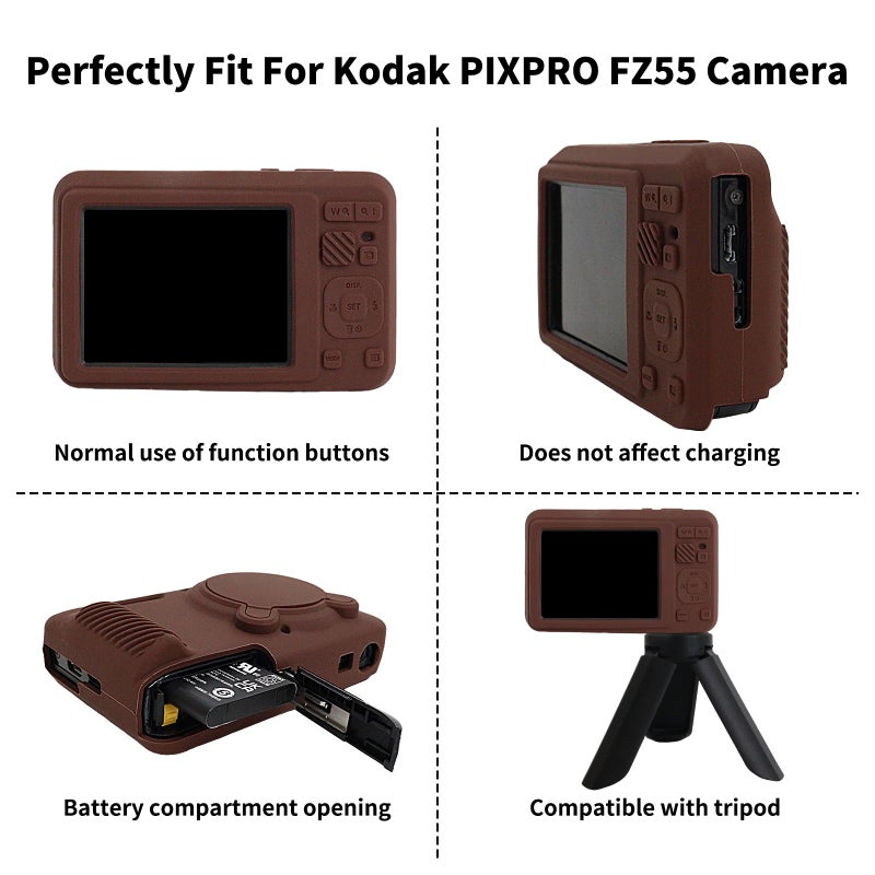 Rieibi Silicone Case for Kodak PIXPRO FZ55 Case, Accessories for Kodak PIXPRO FZ55 Camera Case with 2 Pcs Screen Protectors, Detachable Lens Cover for PIXPRO FZ55 Camera,Coffee - Image 2