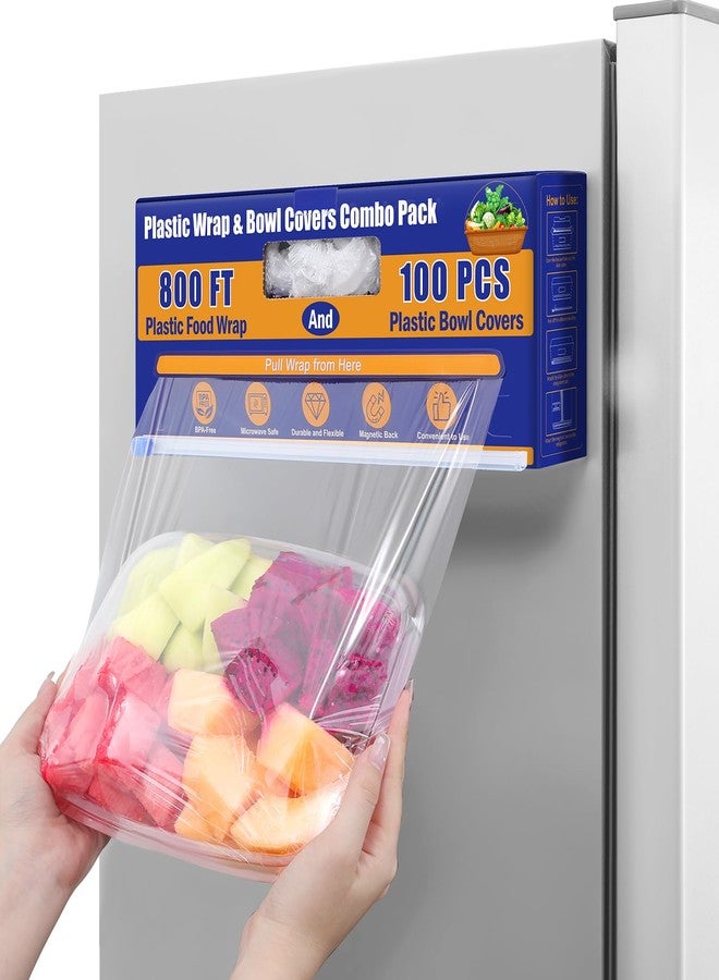 Navona Plastic Wrap with Slide Cutter for Food, 800Ft Cling Film with Magnetic Back, Includes 100 Reusable Plastic Bowl Covers for Home & Commercial Use Food Service, BPA Free - Image 2