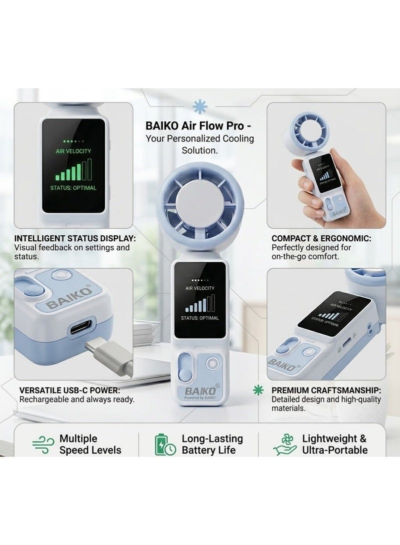 BAIKO Portable Mini Handheld Fan 3000mAh Battery Type-C Charging, , High-Speed Cooling and Foldable Fan with LED Digital Display for Office, Travel, Camping & Home - Image 2