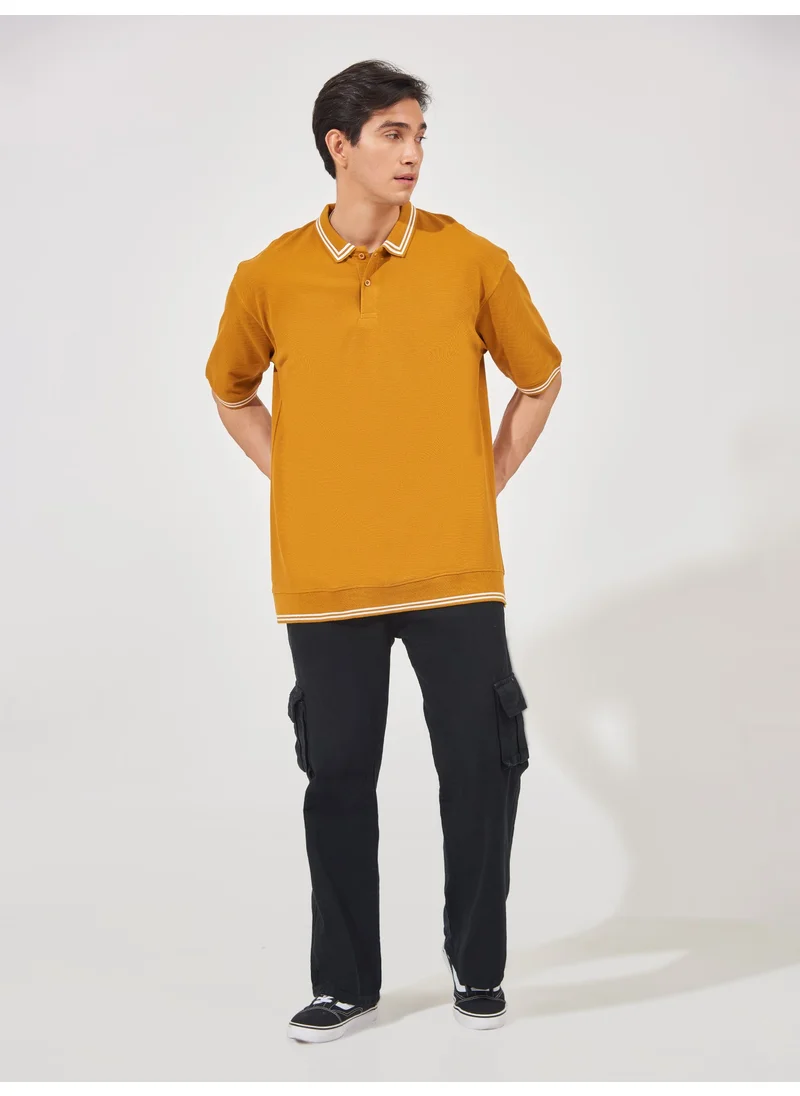 مانياك Maniac Mens Solid Polo Neck 3/4th Sleeve Mustard Oversized Cotton T-Shirt