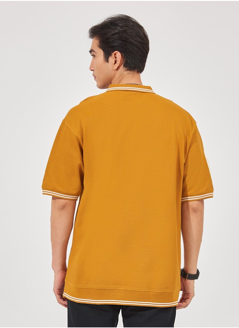 Maniac Maniac Mens Solid Polo Neck 3/4th Sleeve Mustard Oversized Cotton T-Shirt  - Image 3