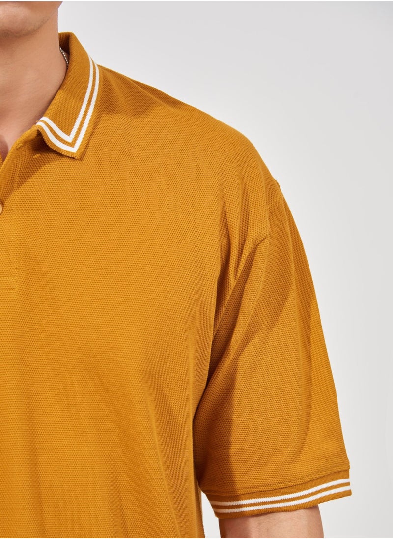 Maniac Maniac Mens Solid Polo Neck 3/4th Sleeve Mustard Oversized Cotton T-Shirt  - Image 4