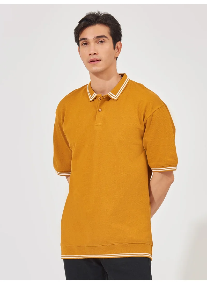 مانياك Maniac Mens Solid Polo Neck 3/4th Sleeve Mustard Oversized Cotton T-Shirt