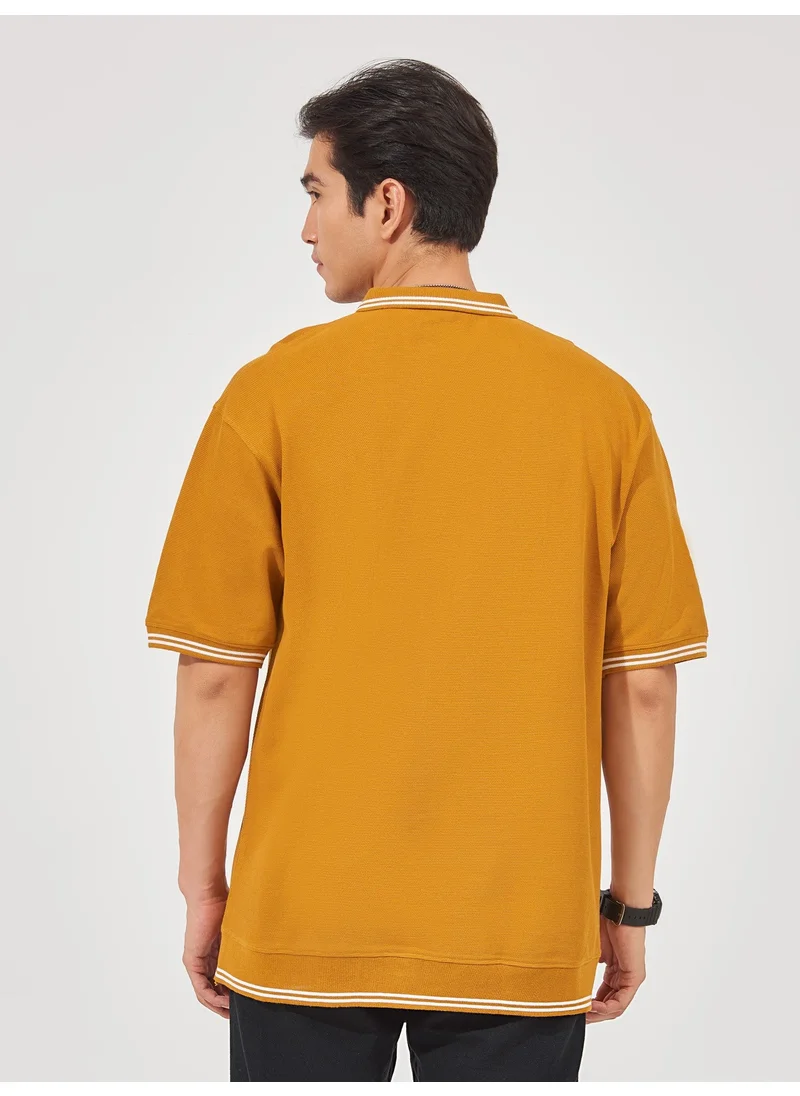 مانياك Maniac Mens Solid Polo Neck 3/4th Sleeve Mustard Oversized Cotton T-Shirt