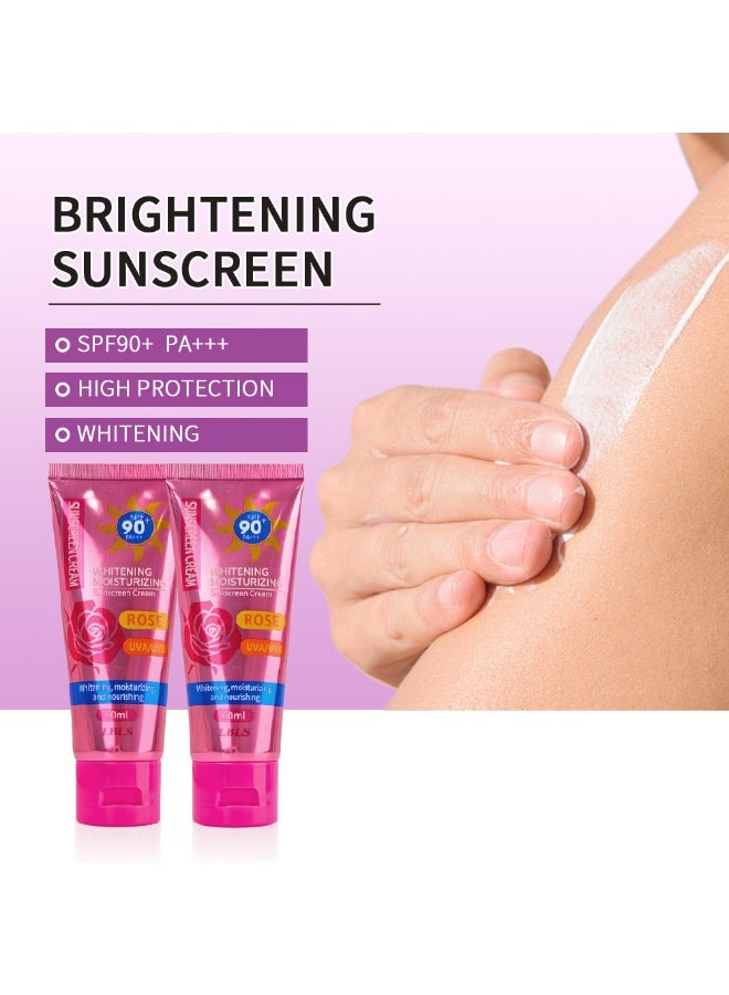 LBLS 2PCS Rose Sunscreen Cream Spf 90+ High Protection Uv Plus 60ml Sunscreen Sensitive Skin Refreshing Sun Block Skincare, Brightening Whitening Isolation Beauty SkinCare Facial Sunblock Lotion - Image 4