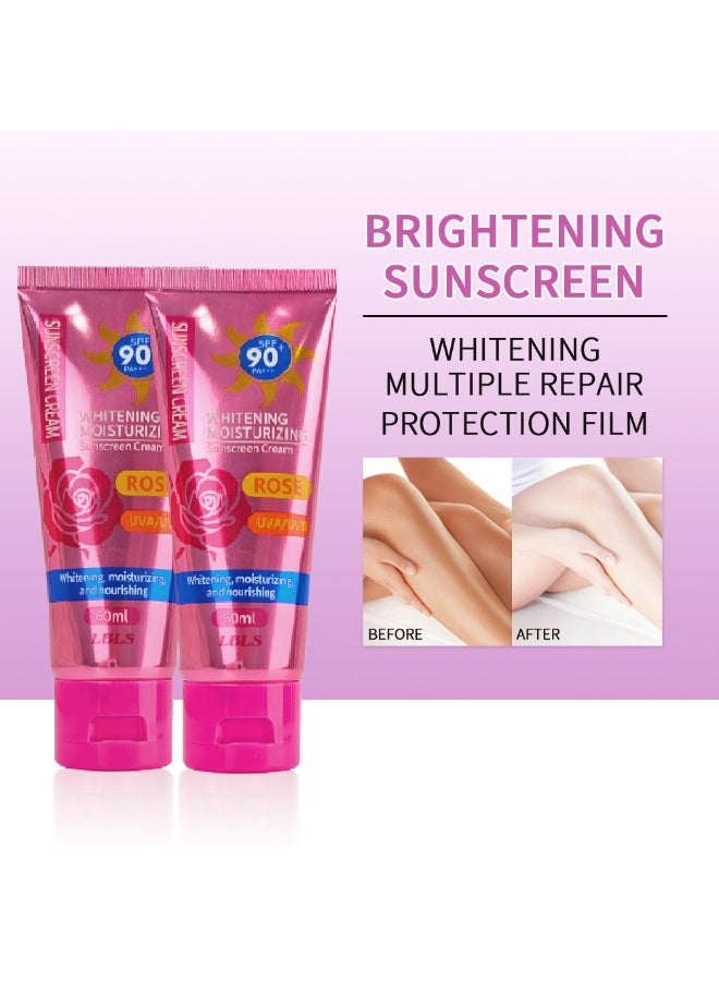 LBLS 2PCS Rose Sunscreen Cream Spf 90+ High Protection Uv Plus 60ml Sunscreen Sensitive Skin Refreshing Sun Block Skincare, Brightening Whitening Isolation Beauty SkinCare Facial Sunblock Lotion - Image 5