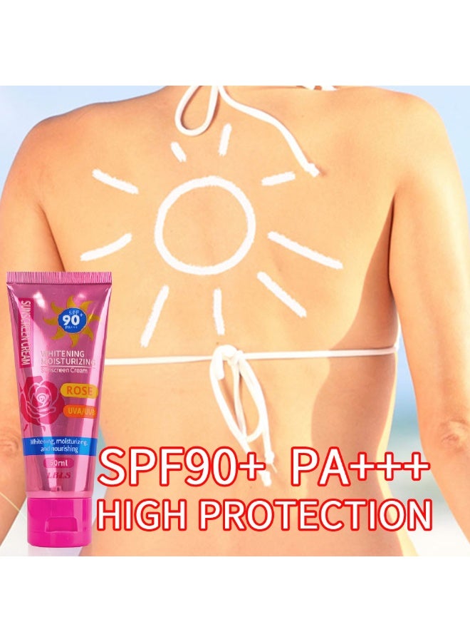 LBLS 2PCS Rose Sunscreen Cream Spf 90+ High Protection Uv Plus 60ml Sunscreen Sensitive Skin Refreshing Sun Block Skincare, Brightening Whitening Isolation Beauty SkinCare Facial Sunblock Lotion - Image 3