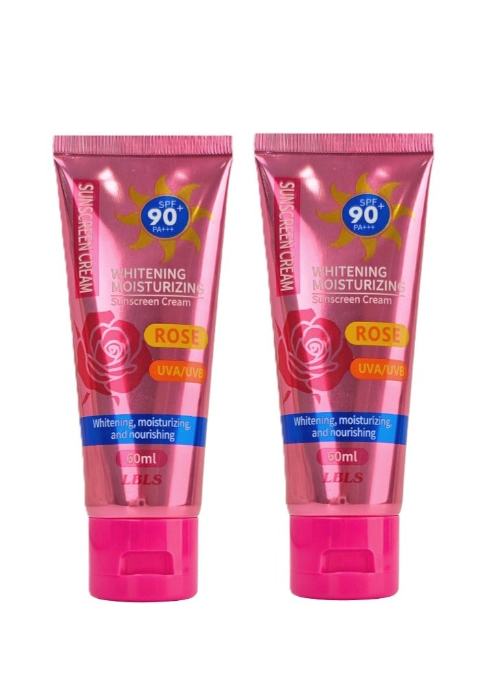 LBLS 2PCS Rose Sunscreen Cream Spf 90+ High Protection Uv Plus 60ml Sunscreen Sensitive Skin Refreshing Sun Block Skincare, Brightening Whitening Isolation Beauty SkinCare Facial Sunblock Lotion - Image 1