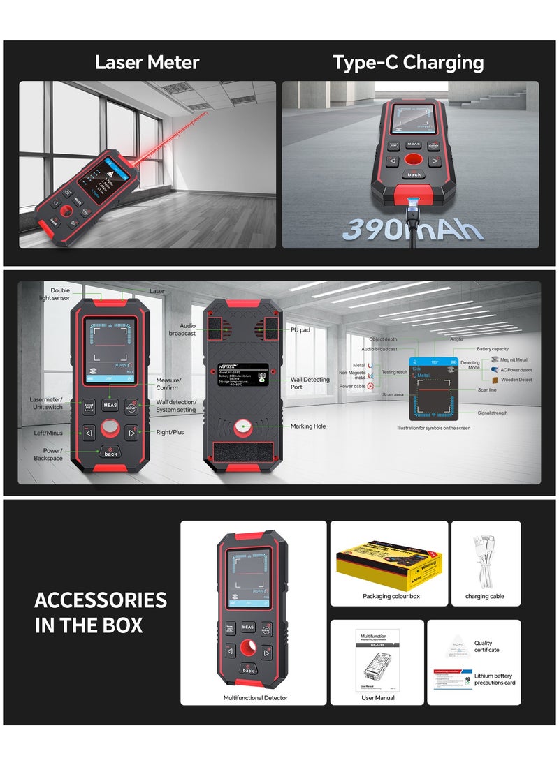 NOYAFA - 3 in 1 Stud Finder Wall Scanner with Laser Level & Laser Distance Meter, IP54 Wall Detector for Wood AC Live Wire Metal Studs Detection, Rechargeable Rangefinder, Automatic Calibration & Data Storage - Image 1