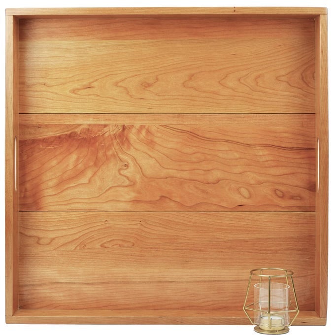 22 X 22 INCHES LARGE SQUARE CHERRY WOOD OTTOMAN TRAY WITH HANDLES SERVE TEA COFFEE OR BREAKFAST IN BED CLASSIC WOODEN DECORATIVE SERVING TRAY