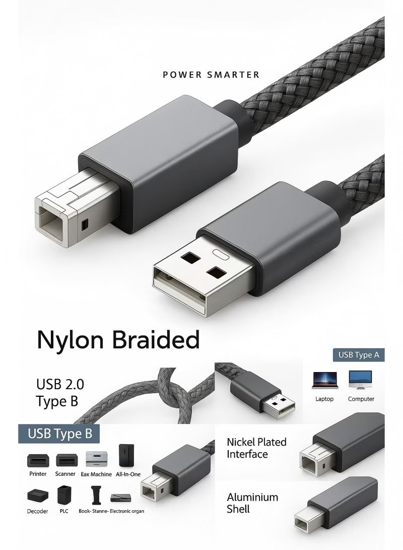 High-Speed USB 2.0 Printer Cable – Nylon-Braided USB Type-A to USB Type-B Cable for Printers, Scanners, and Fax Machines – Durable Aluminum Shell with 480Mbps Data Transfer - Image 1