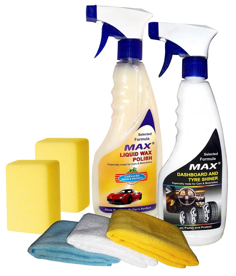 MAX Essential Car Care Kit (Pack of 7 Pieces) - Conatins 500 ML Each of Dashboard/Tyre Shiner and Liquid Wax Polish, 2 Foam Applicators and 3 Microfiber Cloths - Image 1
