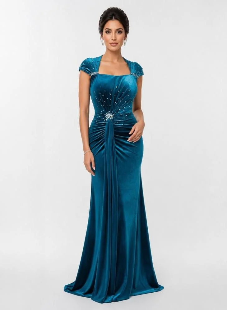 Opera Fashion Blue Velvet Evening Dress with Crystal Embroidery